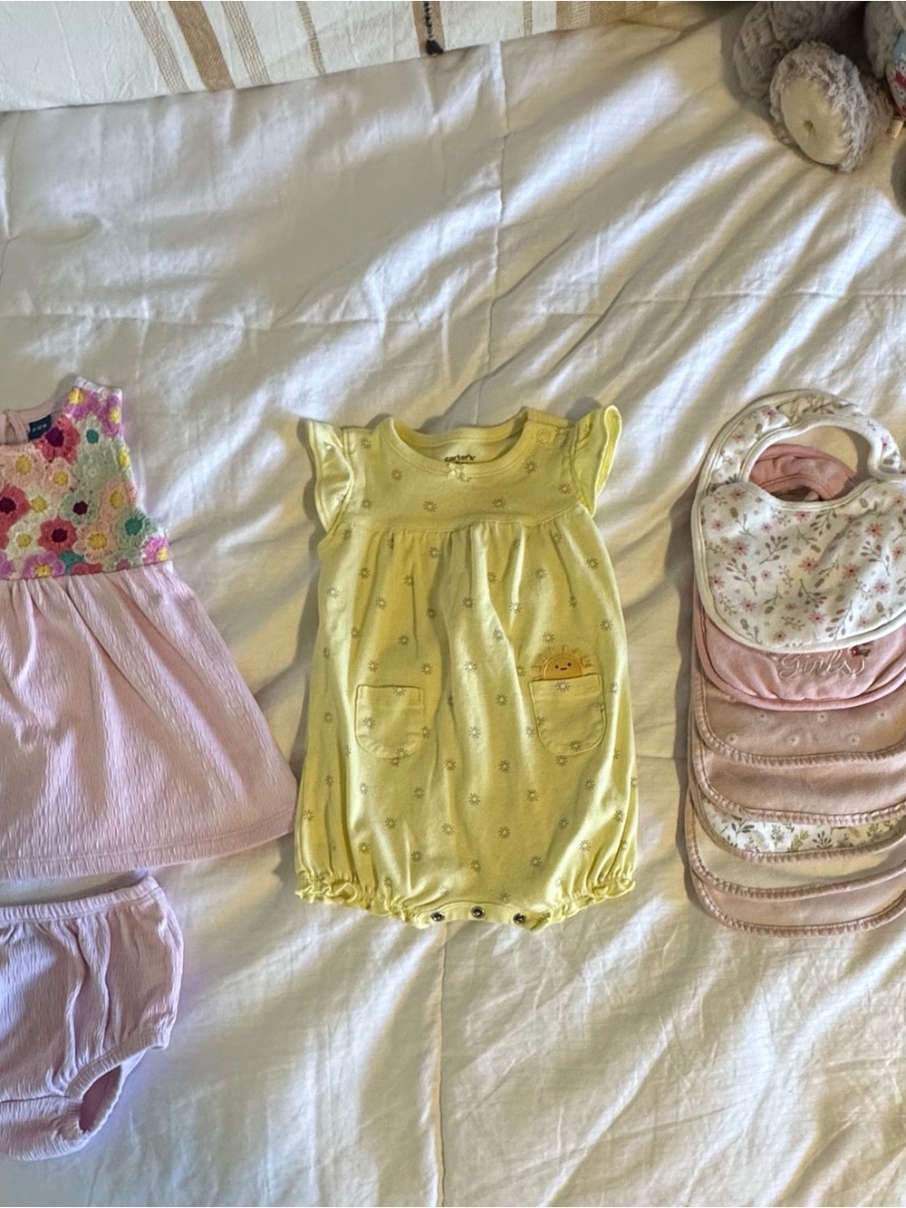 Baby Girl Bundle: Floral Dress & Bloomer, Yellow Romper & Bibs